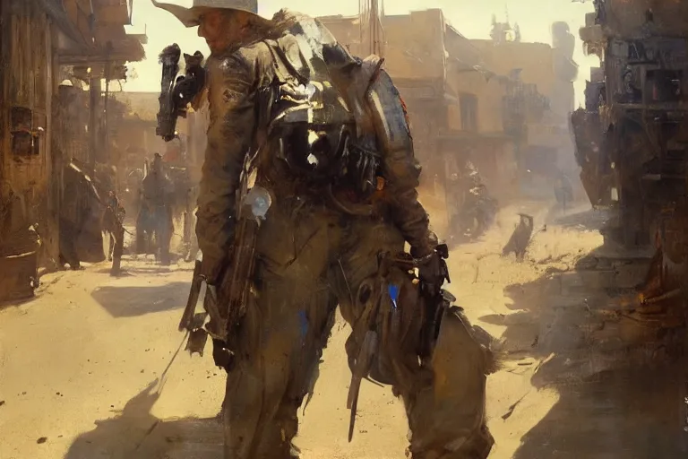 Image similar to oil painting of old rugged robot bounty hunter in a gunfight in dusty wild west street, art by anders zorn, wonderful masterpiece by greg rutkowski, beautiful cinematic light, american romanticism by greg manchess, jessica rossier