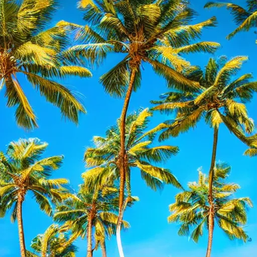 Prompt: surreal palm trees floating in blue sky, random positions floating, flying