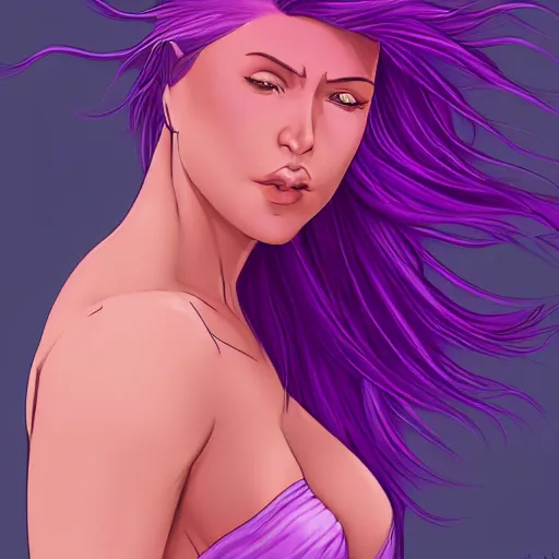 Image similar to a stunning upper body portrait of a beautiful woman with purple pink hair blowing in the wind by marvel comics, digital art, trending on artstation