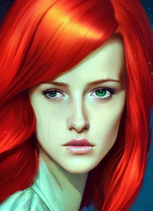 Image similar to full body portrait of teenage cheryl blossom, bangs, green eyes, mischievous expression, red hair, sultry smirk, bangs and wavy hair, intricate, elegant, glowing lights, highly detailed, digital painting, artstation, concept art, smooth, sharp focus, illustration, art by wlop, mars ravelo and greg rutkowski