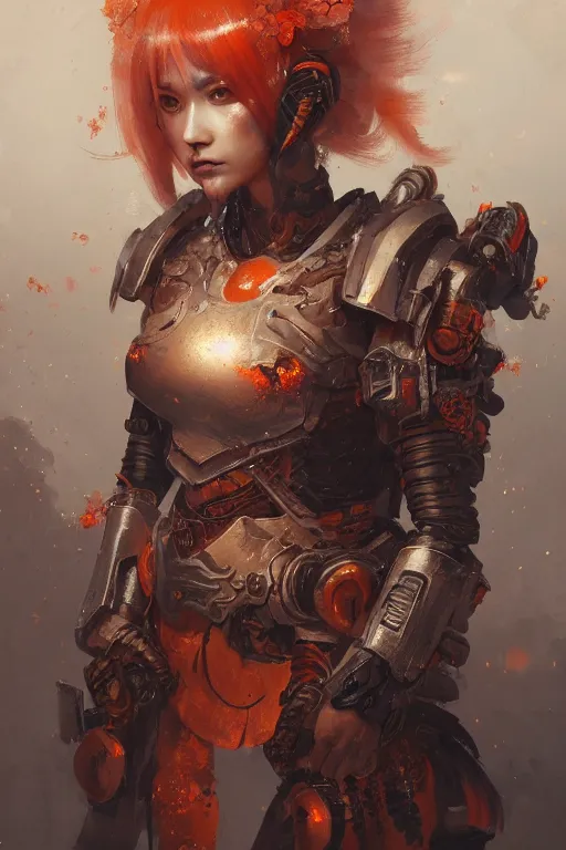 Image similar to portrait of beautiful young mainem, warhammer, japaneese style, cyberpunk armor, a lot of more scars, more and more flowers, orange head, the middle ages, highly detailed, artstation, illustration, art by greg rutkowski, 8 k quality