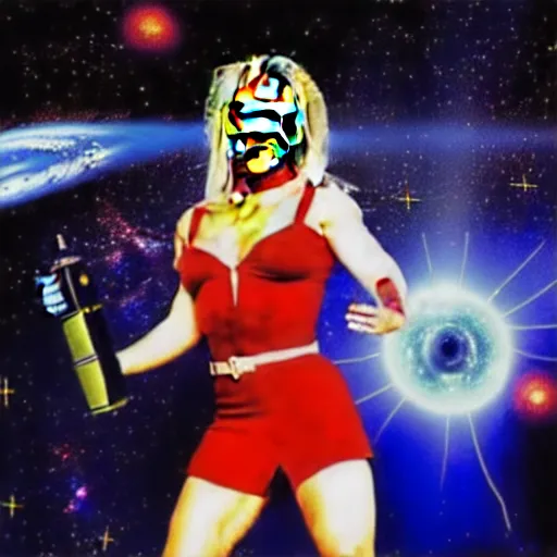 Image similar to of a great movie poster of britney spears as a hero sci fi space cosmonaut holding a raygun in a nice action pose, there is an explosion on the background of a space station shaking britney's hair and lighting her with a rim light, she is laughing, opps i did it again, f 2. 8, advertising lighting,