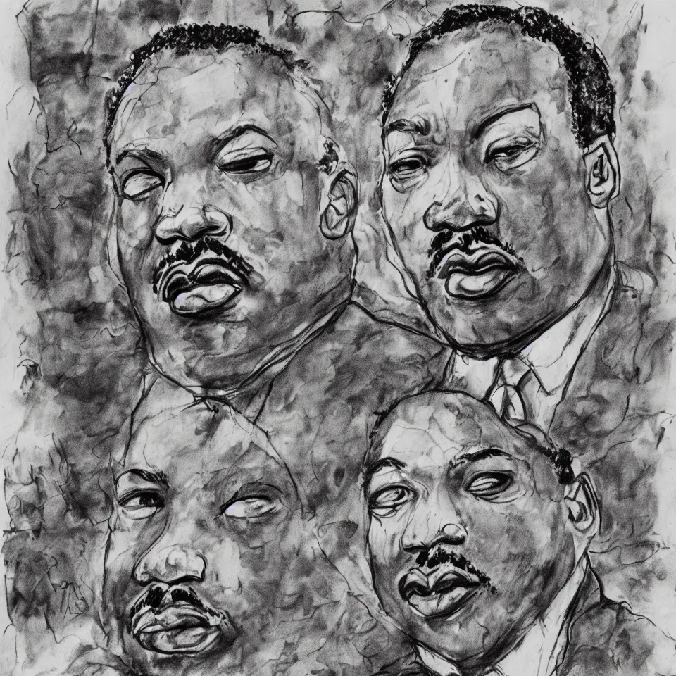 Image similar to A loose messy wild ink sketch portrait of Martin Luther King in the style of Ralph Steadman and Paul Klee, caricature, dramatic