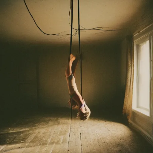 Prompt: a woman floating suspended above the floor in the room of an old house, 3 5 mm, sunlight