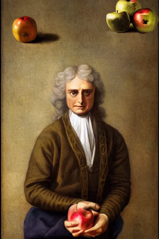 Image similar to isaac newton holding an apple, collage