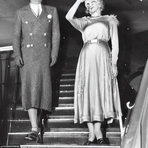 Image similar to a vintage historical fantasy 1 9 3 0 s kodachrome slide german and eastern european mix of the queen of winter and rain is pictured attending a royal tour. she is shown descending a staircase from a luxurious plane, waving to the crowd below. she is donning a pencil skirt and peplum jacket in a yellow and green skirt suit.