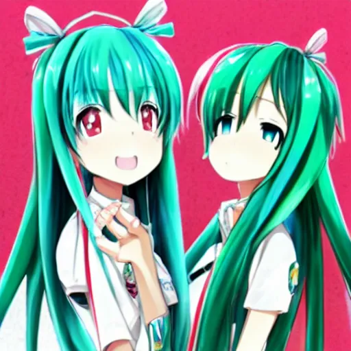 Image similar to hatsune miku and gumi hanging out having fun, best friends, detailed, anime