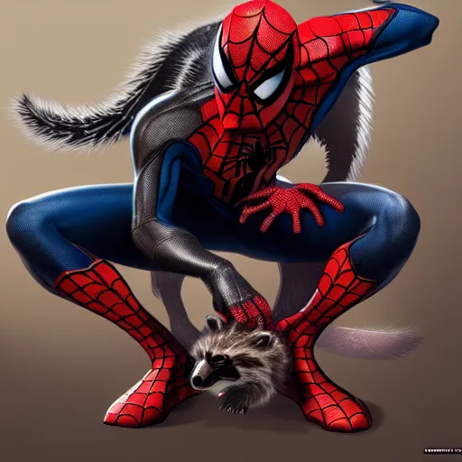 Image similar to spider - man sit on the raccoon and eating donuts, concept art, trending on artstation, highly detailed, intricate, sharp focus, digital art, 8 k