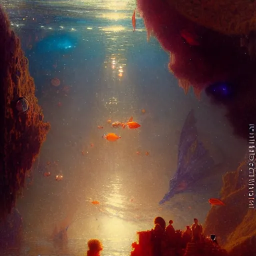 Image similar to i am at the bottom of the ocean looking up, see fishes swimming, the milk way up above, night time, midnight. highly detailed painting by gaston bussiere, greg rutkowski 8 k