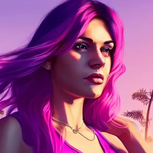 Image similar to a stunning GTA V loading screen with a beautiful woman with ombre hairstyle in purple and pink blowing in the wind, tanktop and skirt, city streets, digital art, trending on artstation