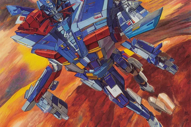 Prompt: full page illustration, Jean Giraud designed a gundam while on acid in the desert, 8k, hd, high resolution