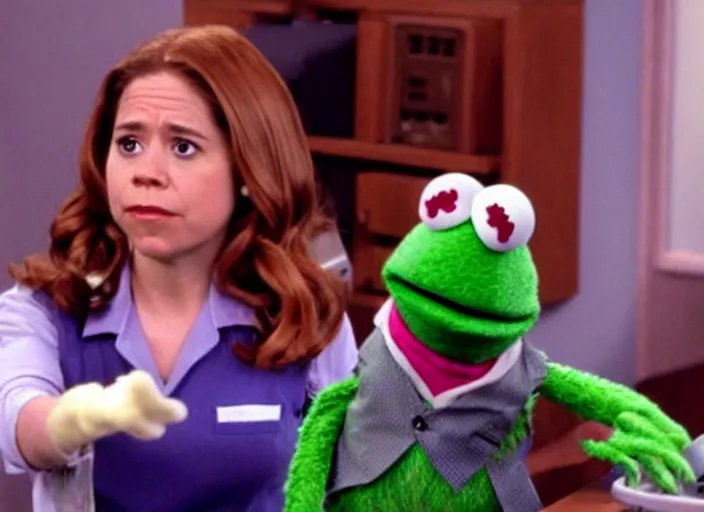 Image similar to film still of muppet!!!!! pam beesly!!!! as a muppet muppet muppet as a muppet in the tv show the muppet office