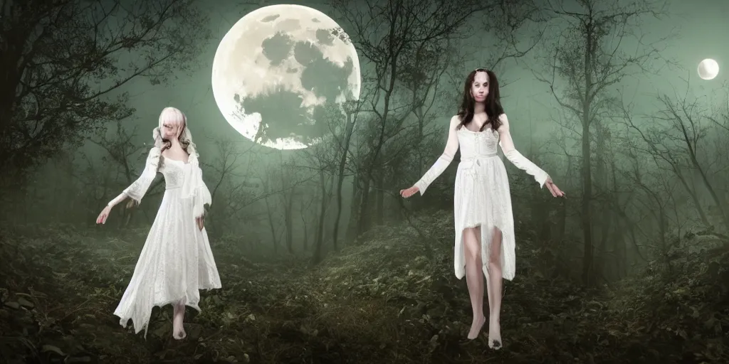 Image similar to a vampire woman in a white lace dress, standing in a dark forest with the moon shining brightly