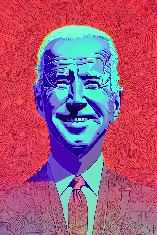 Prompt: portrait of joe biden, smiling down from above turning slightly ( ( ( away ) ) ), artstation winner by victo ngai, kilian eng and by jake parker vibrant colors, winning - award masterpiece, fantastically gaudy, aesthetic octane render, 8 k hd resolution