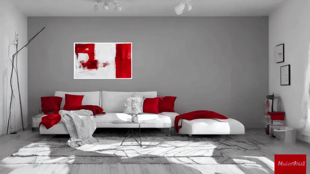 Image similar to minimalistic room, white and red color palette, realistic painting.