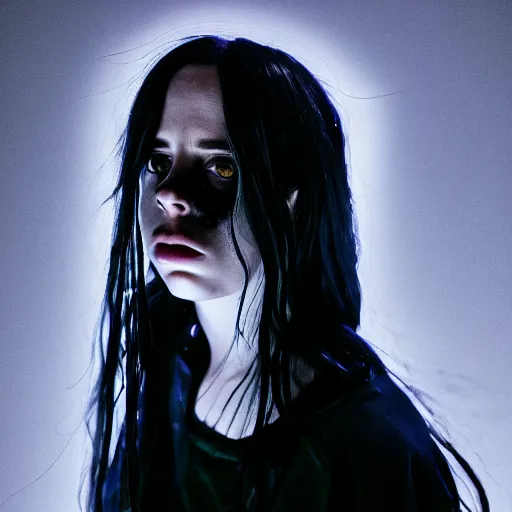 Prompt: Adult Billie Eilish as a demon in heaven, blood flowing from eyes, grungy, unkept hair, glowing eyes, modelsociety, radiant skin, huge anime eyes, RTX on, bright on black, dramatic, studio lighting, perfect face, intricate, Sony a7R IV, symmetric balance, polarizing filter, Photolab, Lightroom, 4K, Dolby Vision, Photography Award