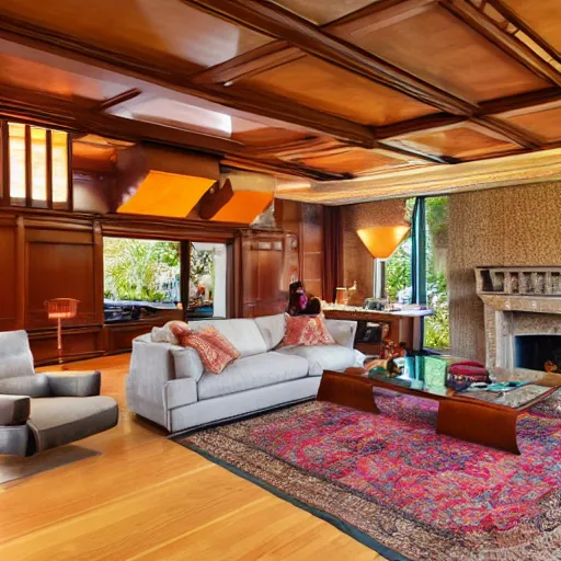 Prompt: A vast beautiful fully stocked living room area in a mansion designed and decorated by Frank Lloyd Wright, sofa, chairs, fireplace, tables,