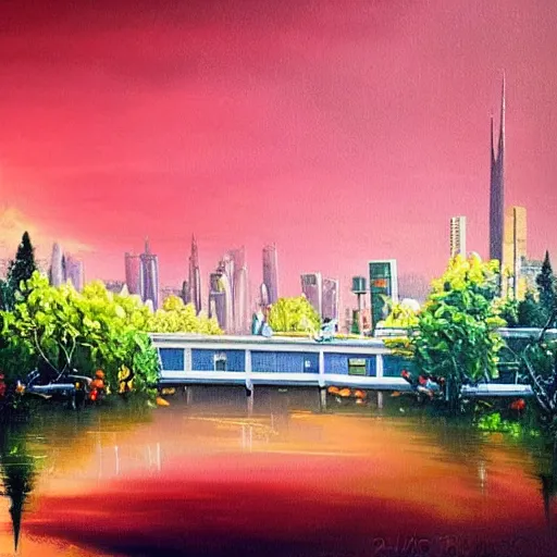 Image similar to Beautiful city of the future in harmony with nature. Nice colour scheme, soft warm colour. Beautiful painting by Lurid. (2022)