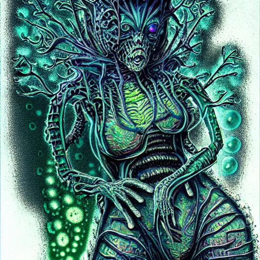 Prompt: highly evolved biomechanical nubile phyrexian dreadnought pregnant borg queen hybrid dotted with small fractal lichens and fungal growth being possessed by the machine spirit, artists tram pararam and doctor seuss with beryl cook and jack kirby, high contrast cinematic light, mystical shadows, sharp focus, octane render