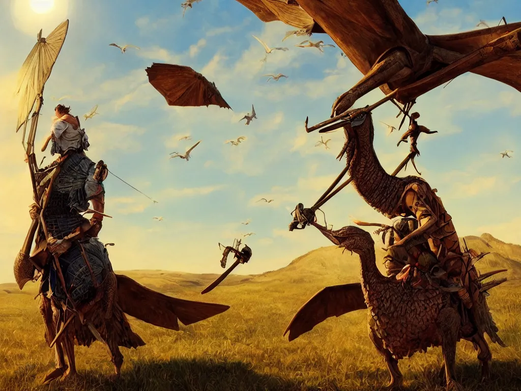 Image similar to portrait of don quixote sitting on a pterodactyl, windmill, summer, sun in the zenith, digital art, highly detailed, stunning scene, realism, stunning scene, bright colors, trending on artstation, masterpiece