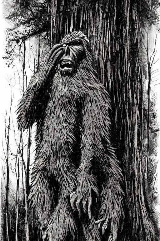 Image similar to mad bigfoot screaming in the woods artwork by ben templesmith