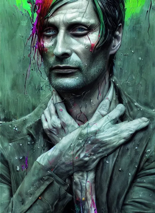 Image similar to a Demon Slayer portrait of Mads Mikkelsen, tall, pale-skinned, slender with lime green eyes and long eyelashes by Stanley Artgerm, Tom Bagshaw, Arthur Adams, Carne Griffiths, trending on Deviant Art, street art, face enhance, chillwave, maximalist, full of color, glittering