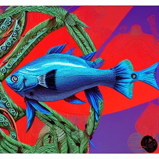 Image similar to fish on mayheim crosses. symmetrical anatomy, very intricate details, digital art, detailed image, pop punk art style, colorful, accompanied by body, pure image without duplication, dribble popular, artstation trending, drawn by ilya kuvshinov and lugas syllabus and vinicius gud and gustavo zambelli, intricate, ultra high definition.