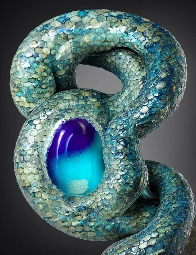 Image similar to a photo of a sculpture of a snake made from blue and emerald and amethyst crystal geode formations encircling a marble egg on a base of obsidian made with liquid gold tendrils flowing by ellen jewett by stanisław szukalski, octane render, recursive, tendrils, elestial crystals, geode, refracted light