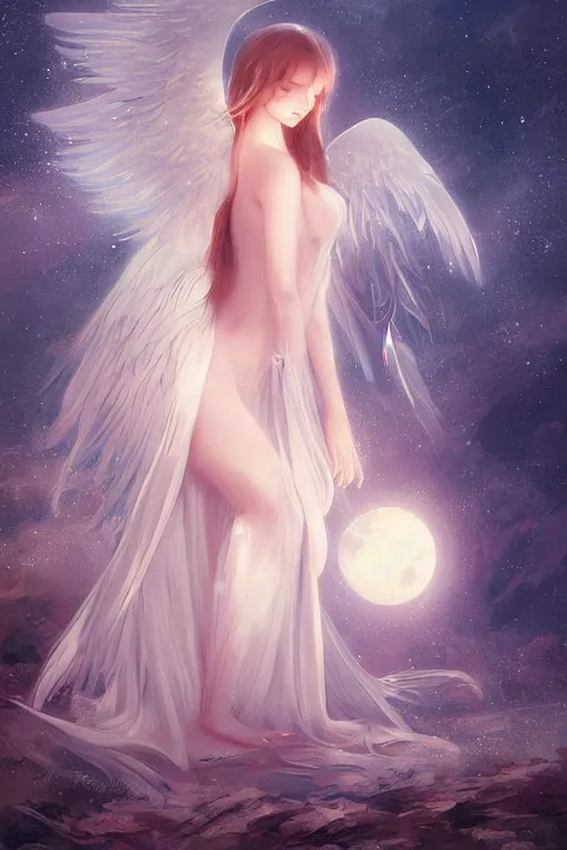 Prompt: Angelic beauty in the moonlight, the Tyndal effect,by Wlop