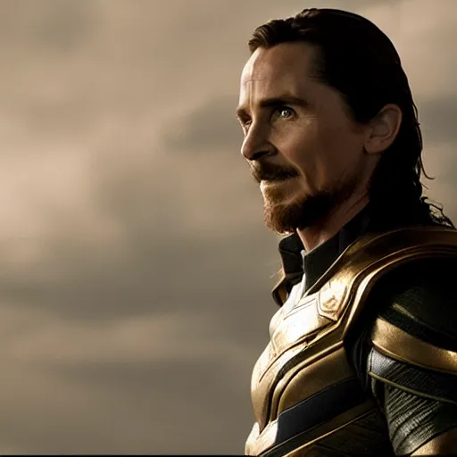 Prompt: film still of Christian Bale as Loki in Avengers Endgame