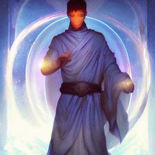 Prompt: a fantastical glowing young monk made of blue aura illustrated by artgerm and greg rutkowski