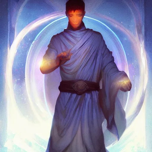 Image similar to a fantastical glowing young monk made of blue aura illustrated by artgerm and greg rutkowski