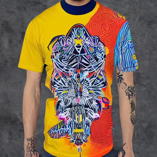 Image similar to t-shirt with full maximalist crazy print, product photo, coloured background