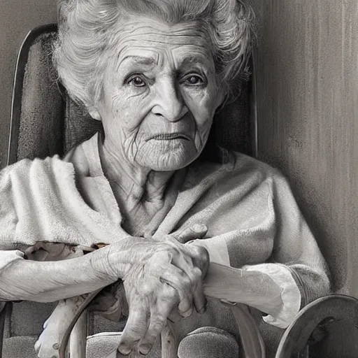 Image similar to epic cinematic hyperrealism masterpiece where a very old woman appears sitting on a rocking chair hugging a 3 year old girl both are white. realistic poster with shaded lighting by craig mallismo, artgerm, jeremy lipkin and michael garmash, unreal engine, radiant light, detailed and complex environment, digital art, art station trends