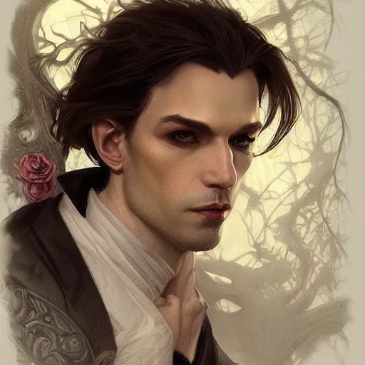 Prompt: portrait of a male vampire, D&D, fantasy, intricate, elegant, highly detailed, digital painting, artstation, smooth, sharp focus, illustration, art by artgerm and greg rutkowski and alphonse mucha
