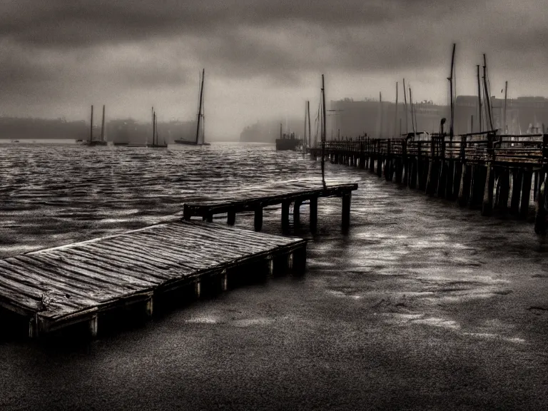 Prompt: a forgotten wharf on a cold sea by zacharias aagaard and magali villeneuve and ruth deckard, hyperrealism, high contrast, low light, bokeh, short focal length, desaturated, grey mist, cobblestones, orange candle flames, volumetric lighting