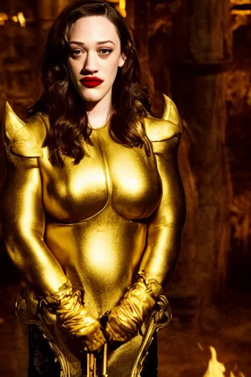 Prompt: Kat Dennings wearing golden mask, hair like fire, muscular, in dark soul