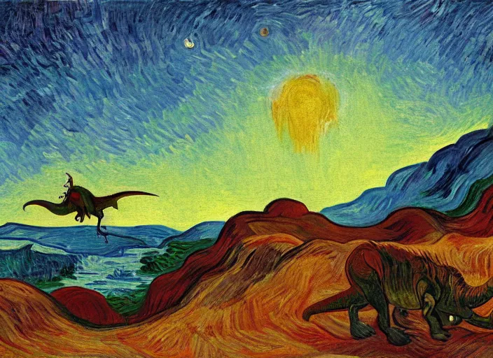 Image similar to painting of the extinction of the dinosaurs with asteroid and fire, in the style of edward hopper and vincent van gogh, dramatic lighting at dusk