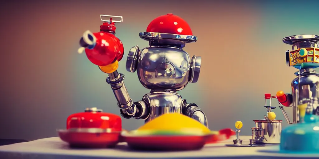Prompt: closeup portrait of tin toy retro robot chef cooking pastry cake in a kitchen, mixing colourful chemicals flasks, depth of field, zeiss lens, detailed, centered, fashion photoshoot, by nicoletta ceccoli, mark ryden, lostfish, breathtaking, 8 k resolution, extremely detailed, beautiful, establishing shot, artistic, hyperrealistic, octane render