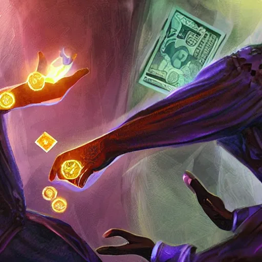 Prompt: Closeup shot of scifi money being handed from one person to another, magic the gathering, digital painting, card game illustration