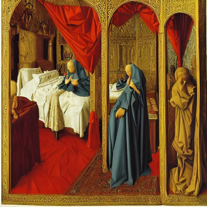 Image similar to three monsters jumping on the bed with white cloth and baldachin. jan van eyck
