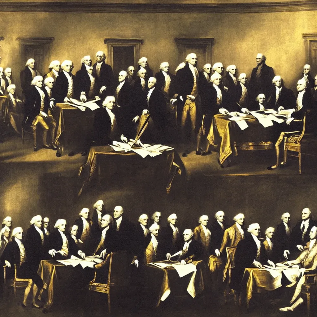 Image similar to cats signing the declaration of independence, by john trumball