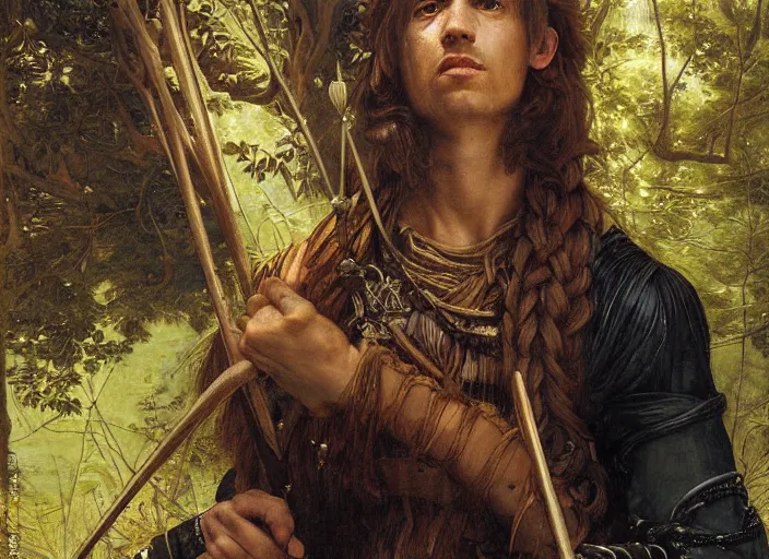 Prompt: druid. young man with braided brown hair. wildflowers in his hair. amber eyes. leather armor, and a longbow. wooden staff carved with strange symbols. edgar maxence and caravaggio and michael whelan and delacroix style, artistic, intricate painting, cinematic lighting, hyper realistic, extremely detailed, vivid colors, establishing shot, dramatic lighting