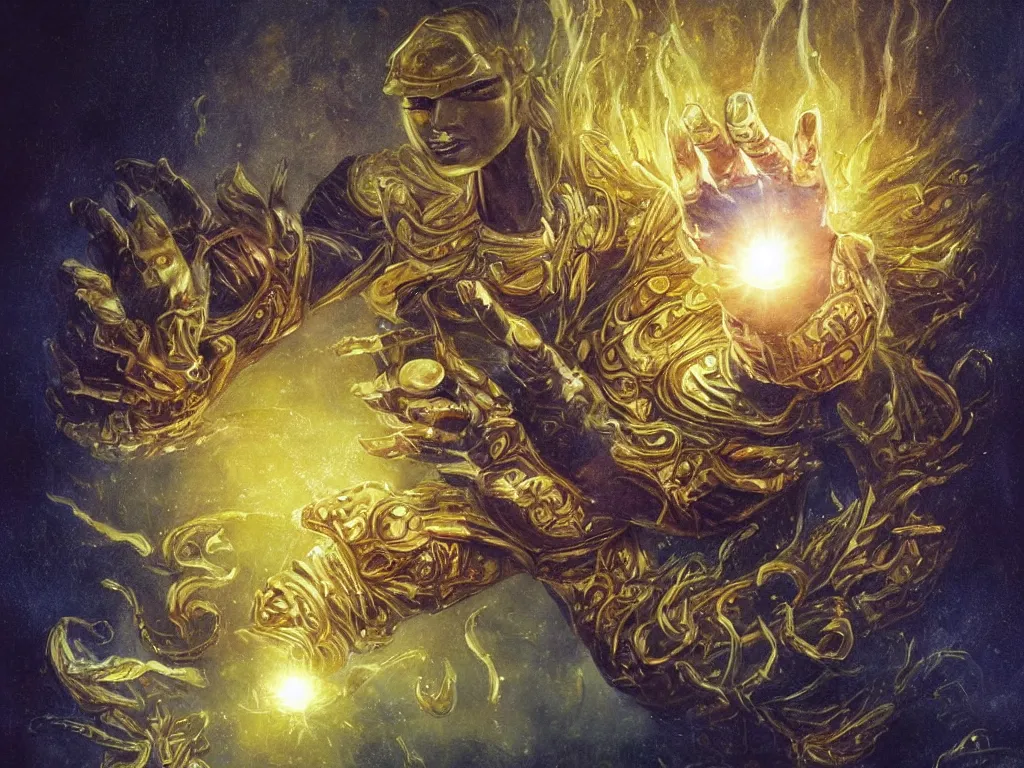 Prompt: a fantasy style painting of a worn golden glove holding shining colorful pills. Original artwork for a white spell in magic the gathering. Award winning, very detailed, dramatic lighting, white and gold color palette