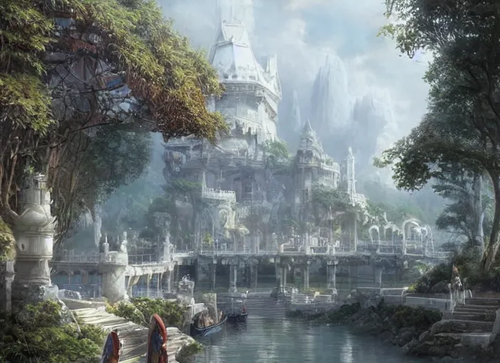 Prompt: A port near the ocean in a beautiful elven city made of white marble, anime, lush trees, fountain, boats in the water, a fantasy digital painting by Greg Rutkowski and James Gurney, trending on Artstation, highly detailed