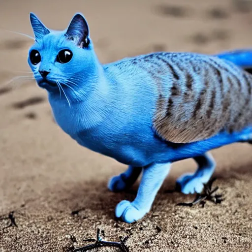 Prompt: cat - bird hybrid with blue wings talking a walk on the beach. there is an alligator on the beach.