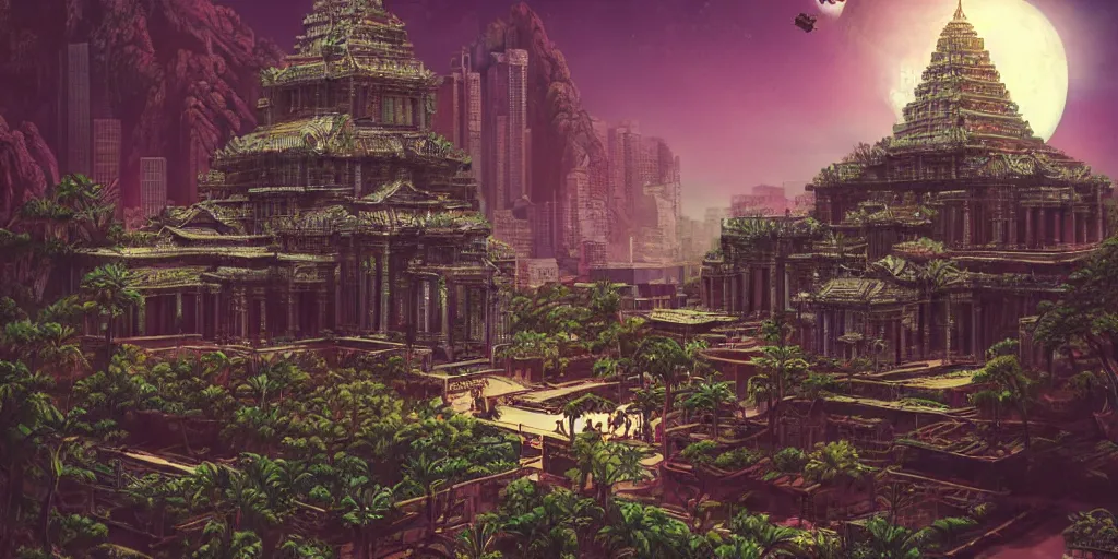 Prompt: synthwave synthwave a large kowloon khmer temple on the moon, filled with plants and habitats, hyper detailed, dieselpunk, technology, cinematic atmosphere, trending on artstation, cgsociety, pressed penny art