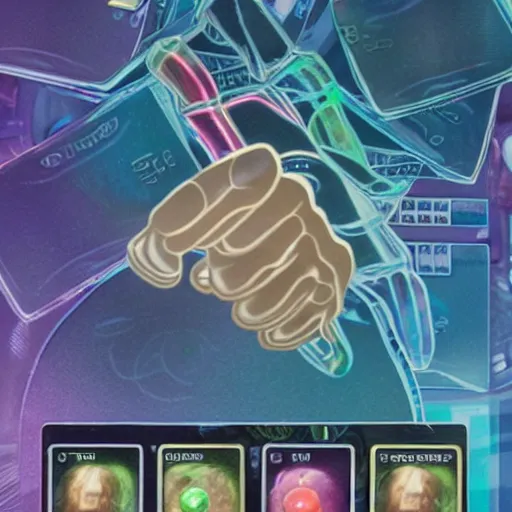 Prompt: An open hand holding a holographic stack of coins, Android Netrunner