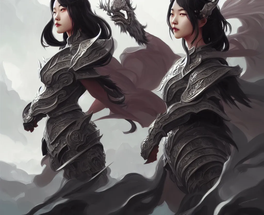 Prompt: portrait hero action pose of futuristicfemale knights of zodiac, dark grey hair, abstract chinese dragon concept art, d & d, highly detailed, digital painting, artstation, sharp focus, illustration, art by tan zi and ayanamikodon and alphonse mucha and wlop