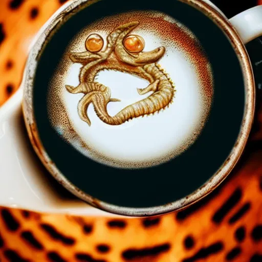 Image similar to little cute sea monster in my morning coffee, close-up photograph, award winning